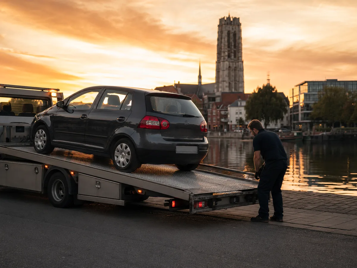 Auto wordt in Mechelen op een oprijwagen geladen voor gratis ophaling, met de binnenstad op de achtergrond